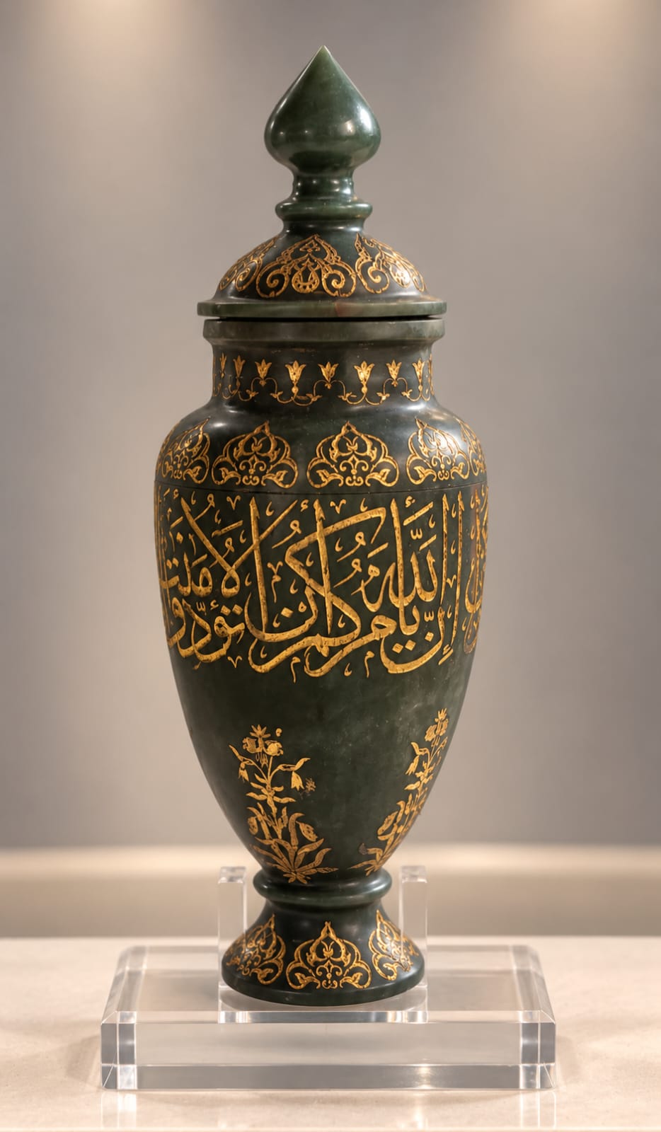 Mughal islamic gold green jade stone calligraphy pot